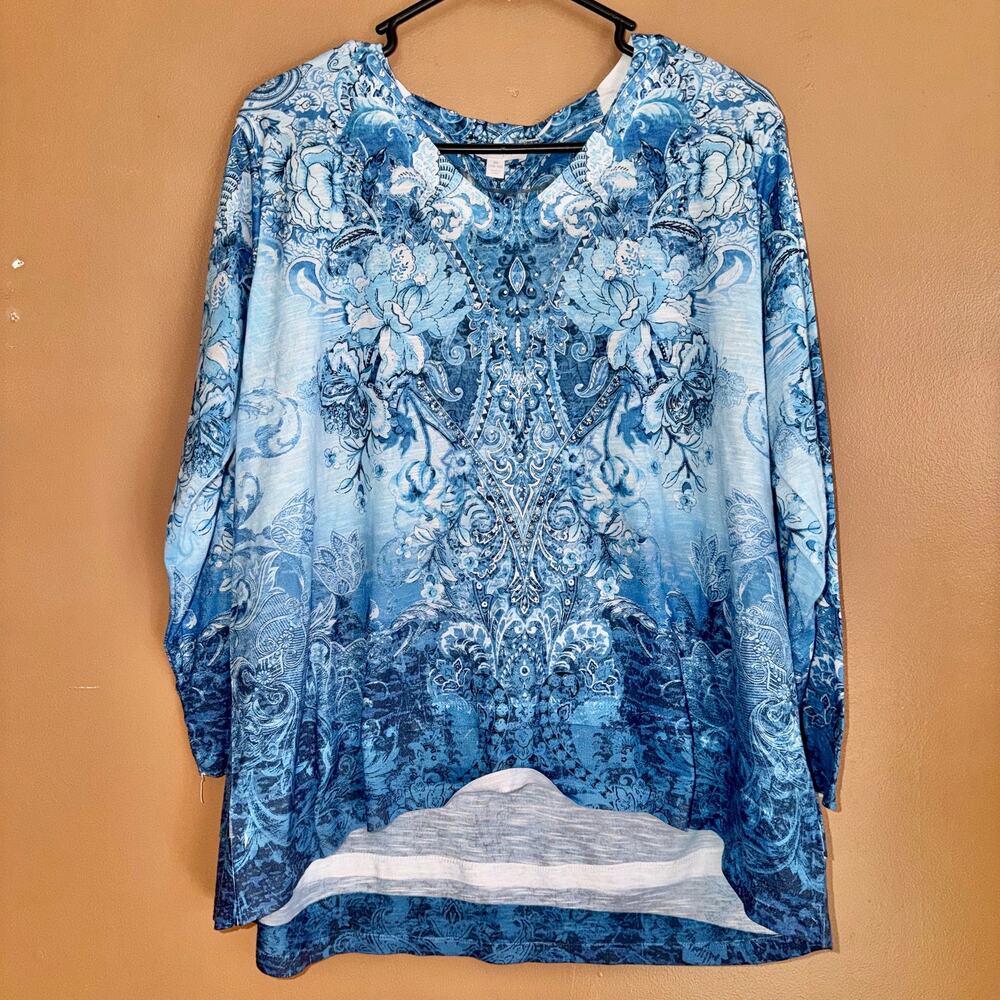 Concepts Women's Blue Patterned Long Sleeve Blouse Top - Size XL